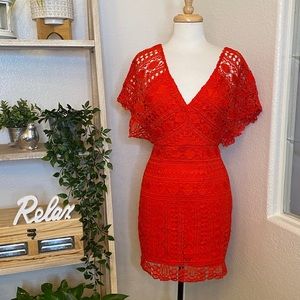 Lulu’s V neck red lace midi dress